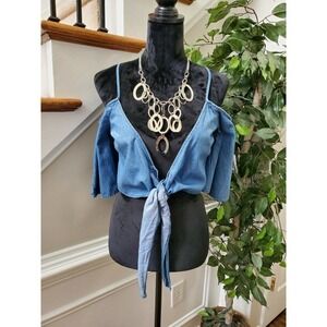 Boutique Three Blue Denim 100% Cotton V-Neck Casual Strappy Top Size Small